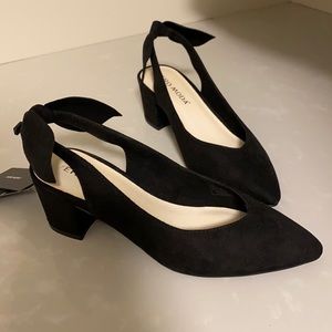 Black sling back block heels